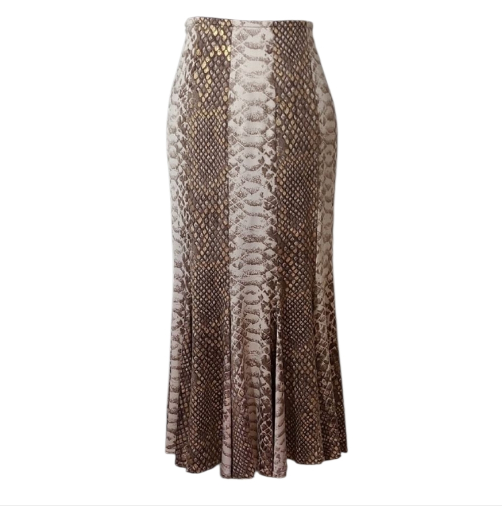 Joseph Ribkoff Brown/Taupe/Lt Gold Snake-Print Midi Skirt EUC
